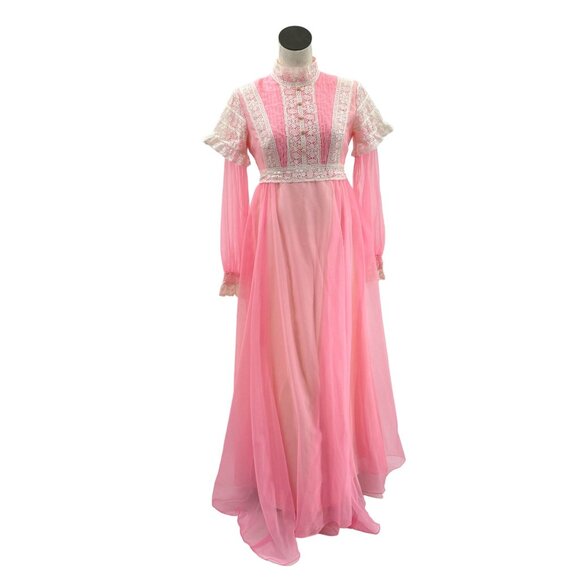 60s 70s Pink and Cream Lace Vintage Maxi-Gown Renaissance Cottagecore - Picture 12 of 12
